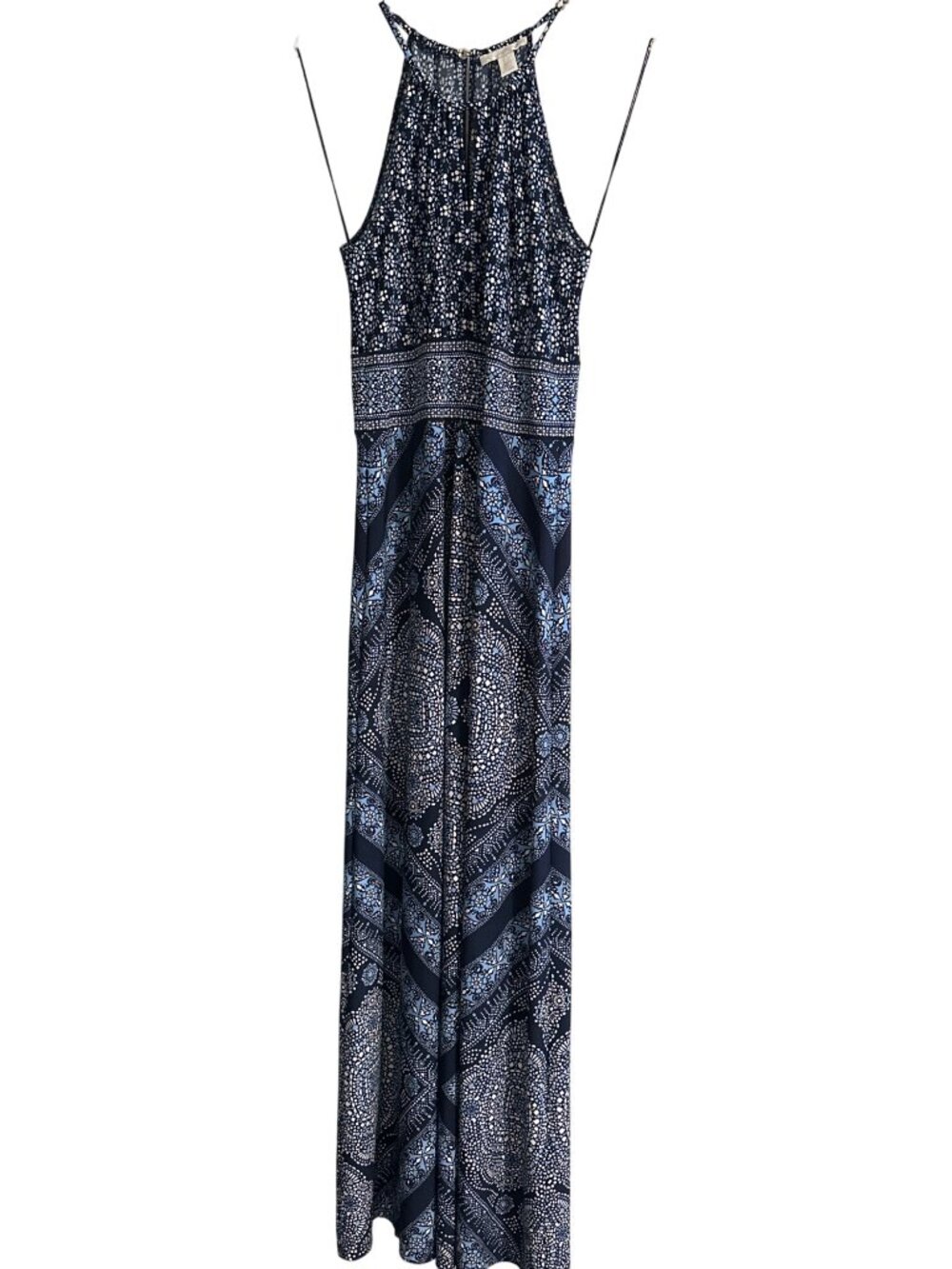 Navy & White Floral Sleeveless Maxi Dress By London Times Size 8 Halter Neck Lig